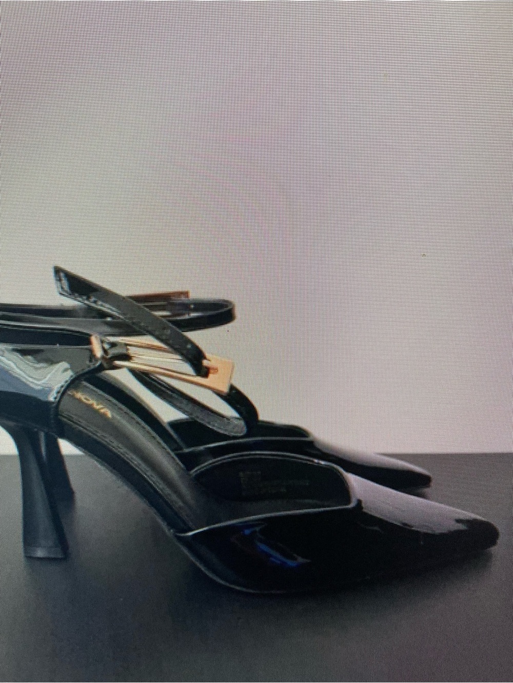 Patent Black Pointed Toe Slingback Heels with Gold Buckle Detail